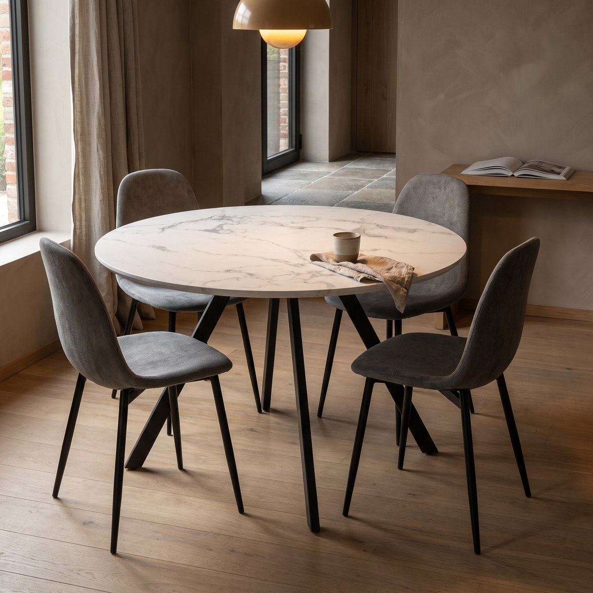 Gyrus Eettafelset met 4 Marie Stoelen - Wit / Grijs – fotorealistisch interieur 2