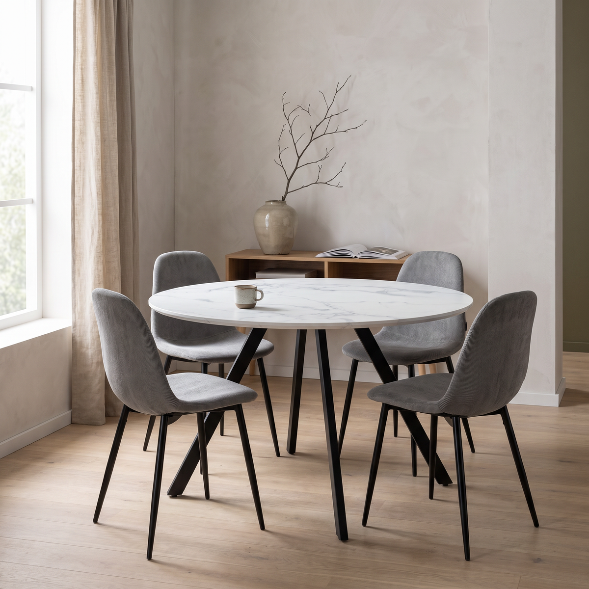 Gyrus Eettafelset met 4 Marie Stoelen - Wit / Grijs – fotorealistisch interieur 3