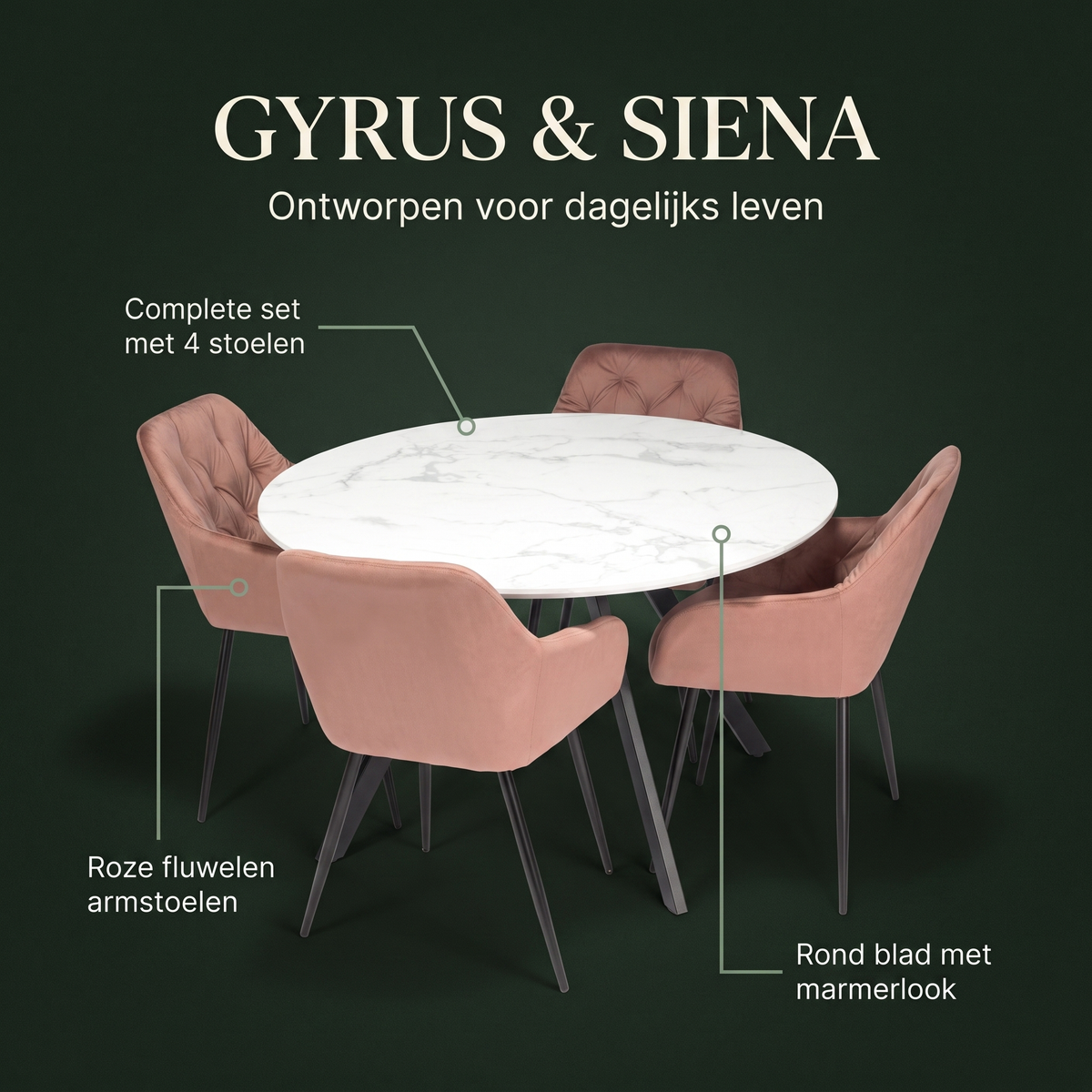 Gyrus Eettafelset met 4 Siena Stoelen - Wit / Roze – ontwerp en materialen