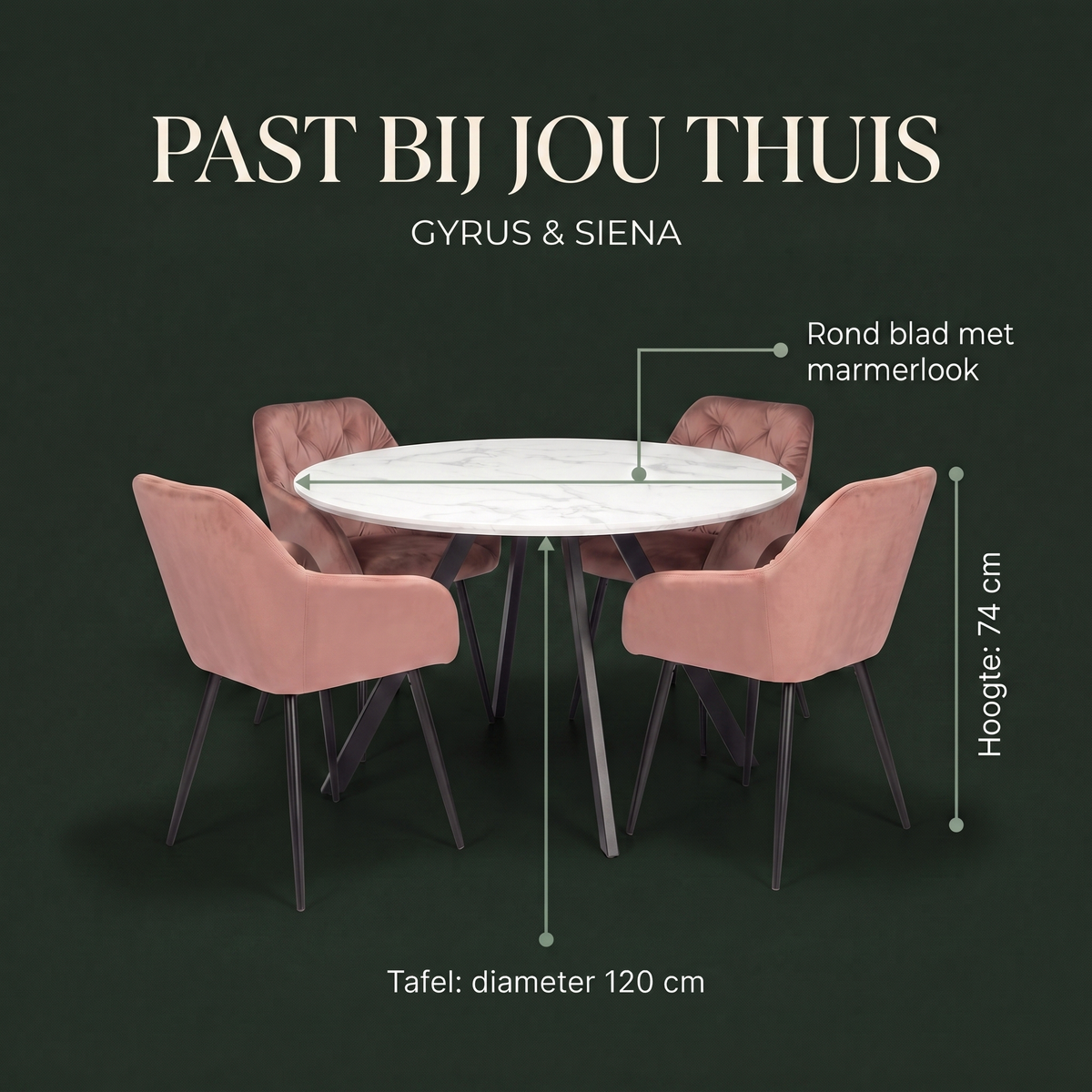 Gyrus Eettafelset met 4 Siena Stoelen - Wit / Roze – afmetingen