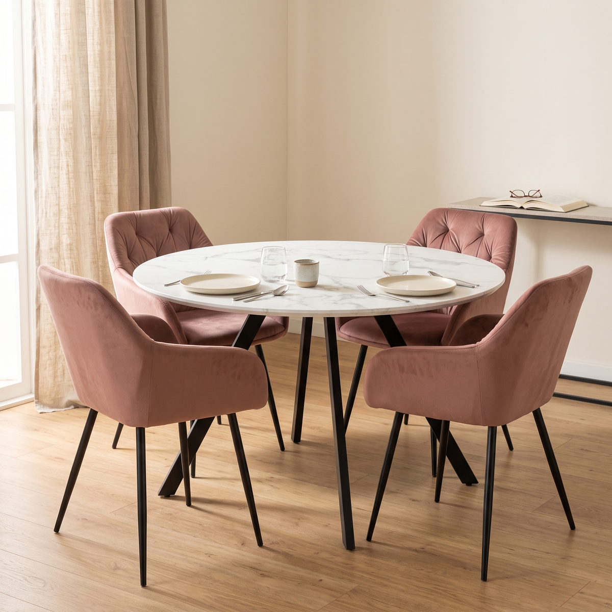 Gyrus Eettafelset met 4 Siena Stoelen - Wit / Roze – fotorealistisch interieur 4