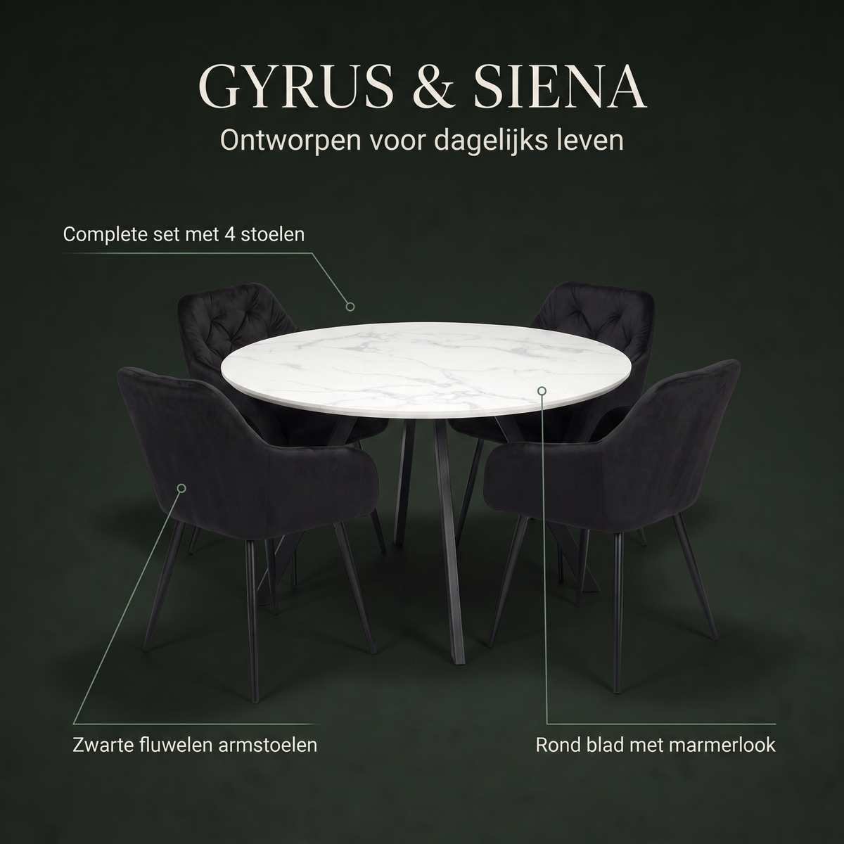 Gyrus Eettafelset met 4 Siena Stoelen - Zwart / Wit – ontwerp en materialen