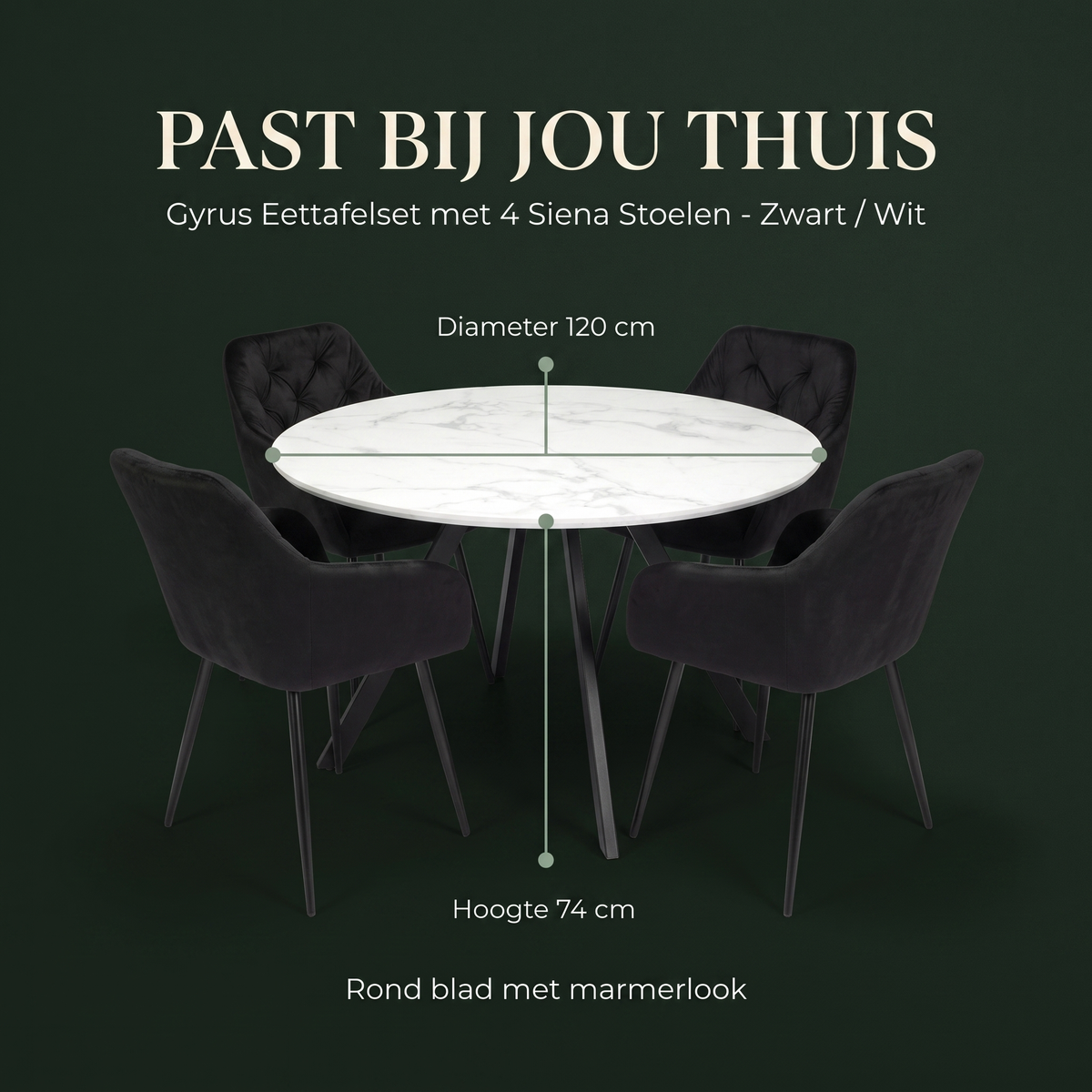 Gyrus Eettafelset met 4 Siena Stoelen - Zwart / Wit – afmetingen