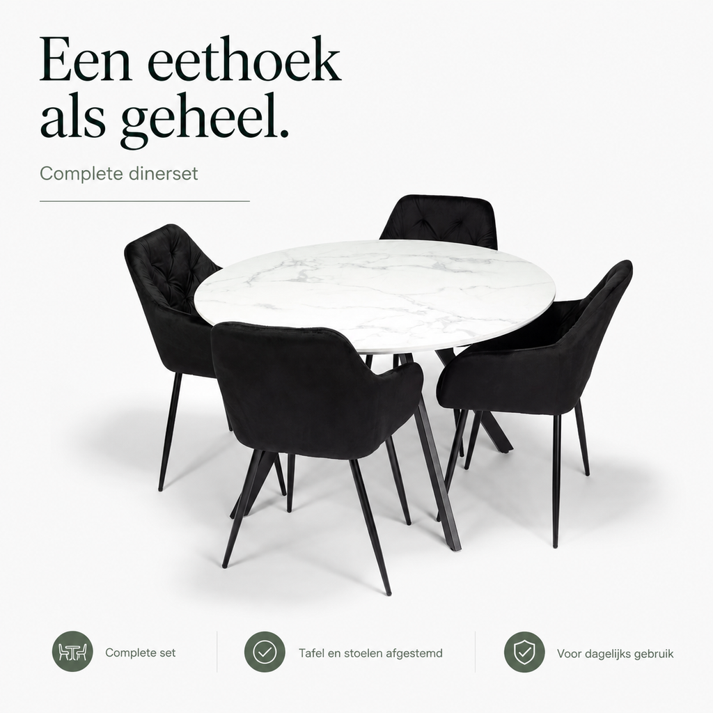 Gyrus Eettafelset met 4 Siena Stoelen - Zwart / Wit infographic