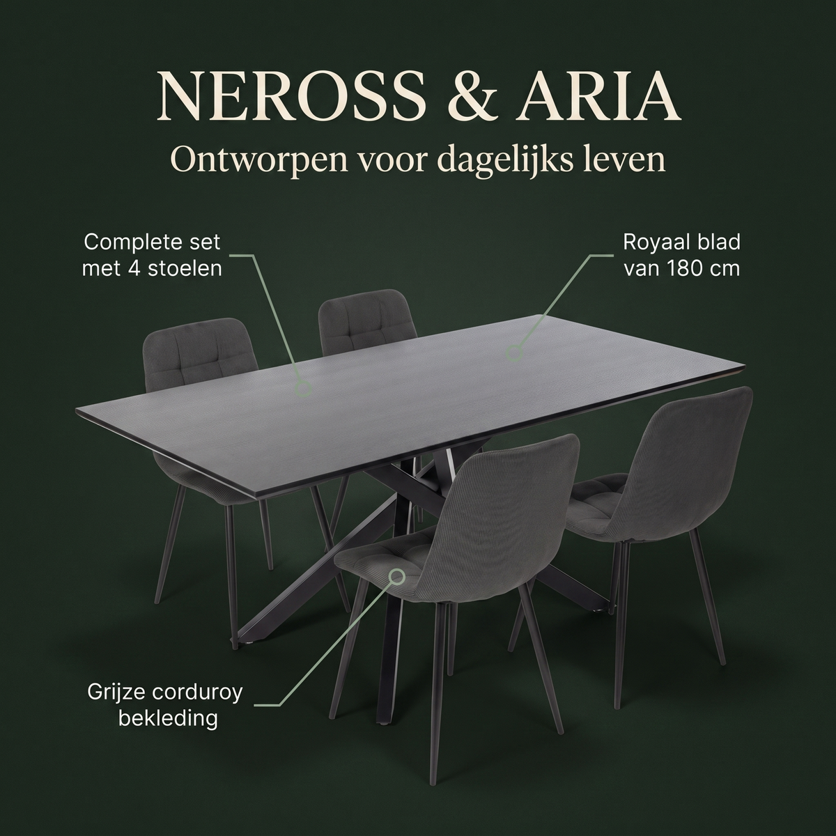 Neross Eettafelset met 4 Aria Stoelen - Zwart / Grijs – ontwerp en materialen