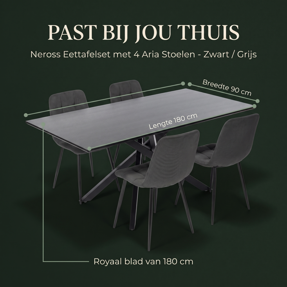 Neross Eettafelset met 4 Aria Stoelen - Zwart / Grijs – afmetingen