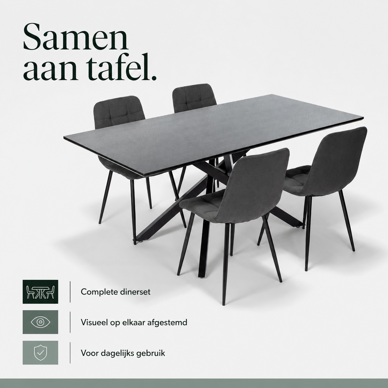 Neross Eettafelset met 4 Aria Stoelen - Zwart / Grijs infographic