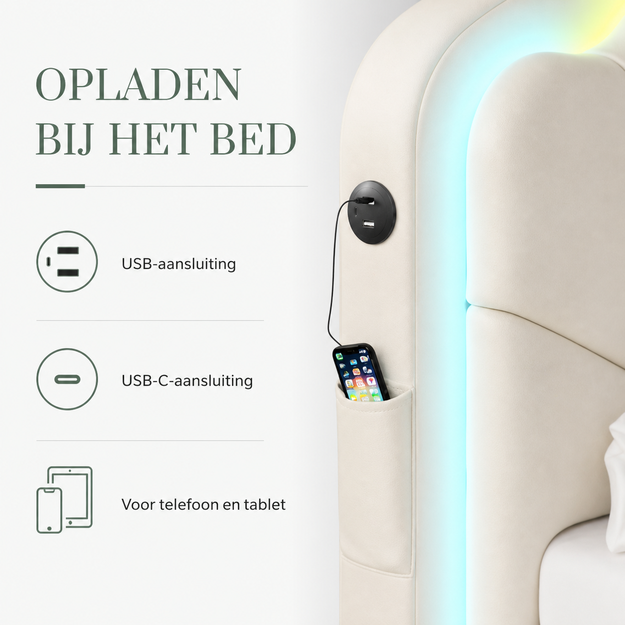 Nola LED bedframe oplaadpunten