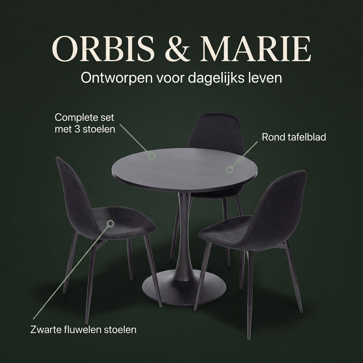 Orbis Eettafelset met 3 Marie Stoelen - Zwart / Donker hout – ontwerp en materialen