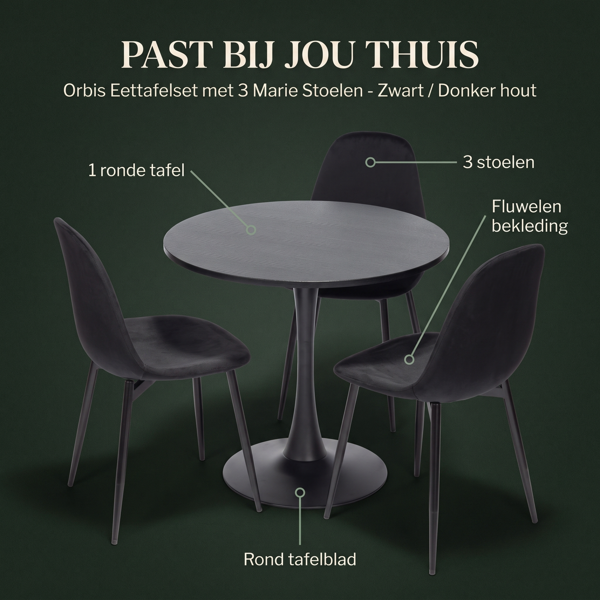 Orbis Eettafelset met 3 Marie Stoelen - Zwart / Donker hout – afmetingen