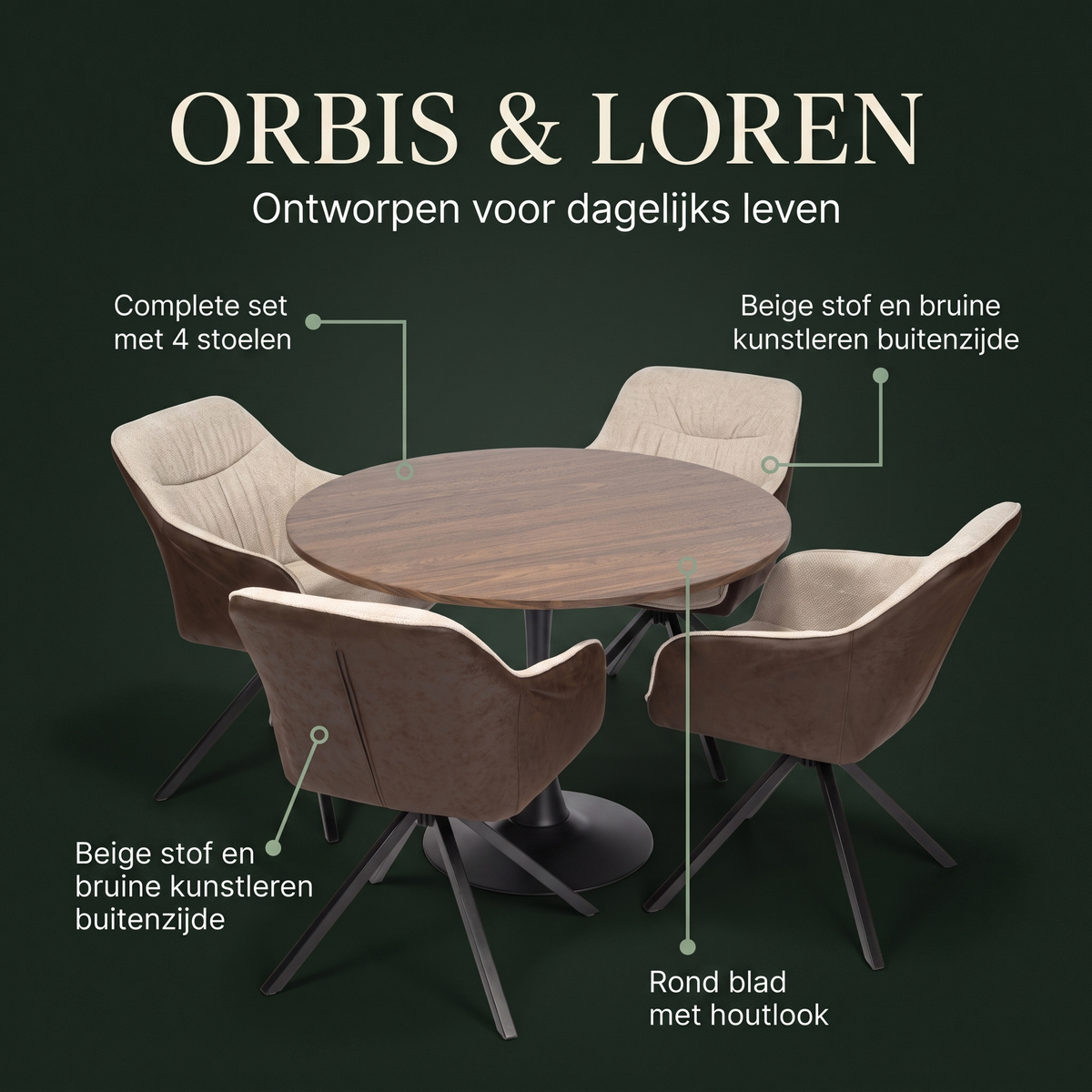Orbis Eettafelset met 4 Loren Stoelen - Zwart / Beige / Bruin – ontwerp en materialen