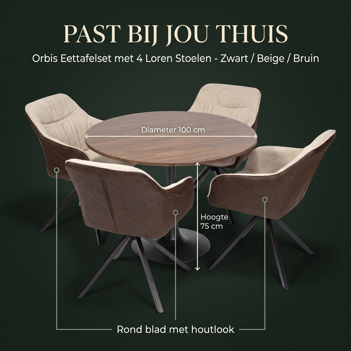 Orbis Eettafelset met 4 Loren Stoelen - Zwart / Beige / Bruin – afmetingen