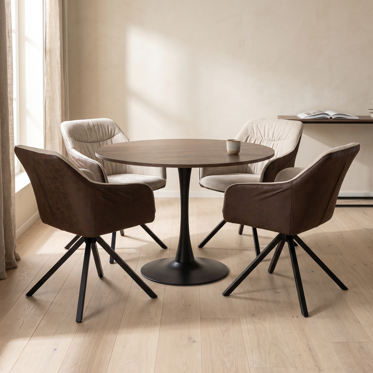 Orbis Eettafelset met 4 Loren Stoelen - Zwart / Beige / Bruin – fotorealistisch interieur 1