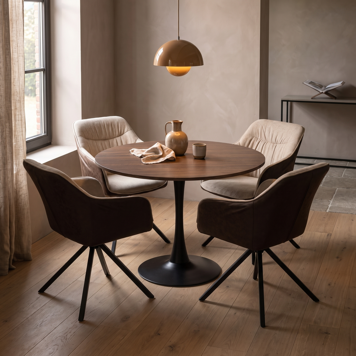 Orbis Eettafelset met 4 Loren Stoelen - Zwart / Beige / Bruin – fotorealistisch interieur 2