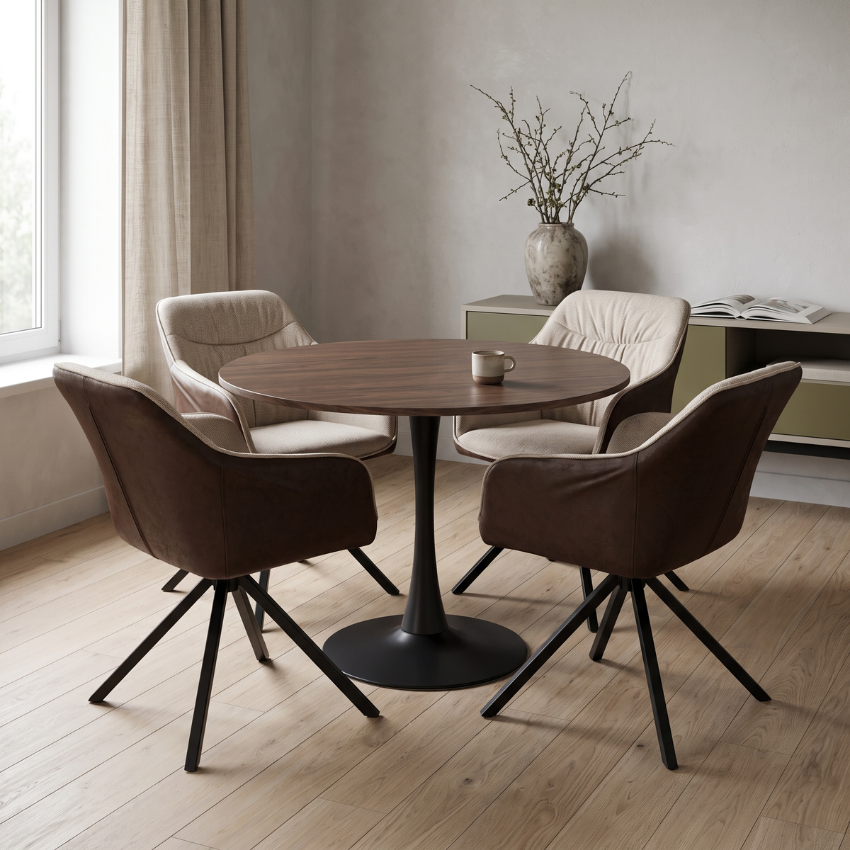 Orbis Eettafelset met 4 Loren Stoelen - Zwart / Beige / Bruin – fotorealistisch interieur 3