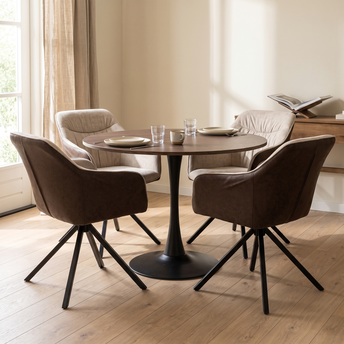 Orbis Eettafelset met 4 Loren Stoelen - Zwart / Beige / Bruin – fotorealistisch interieur 4
