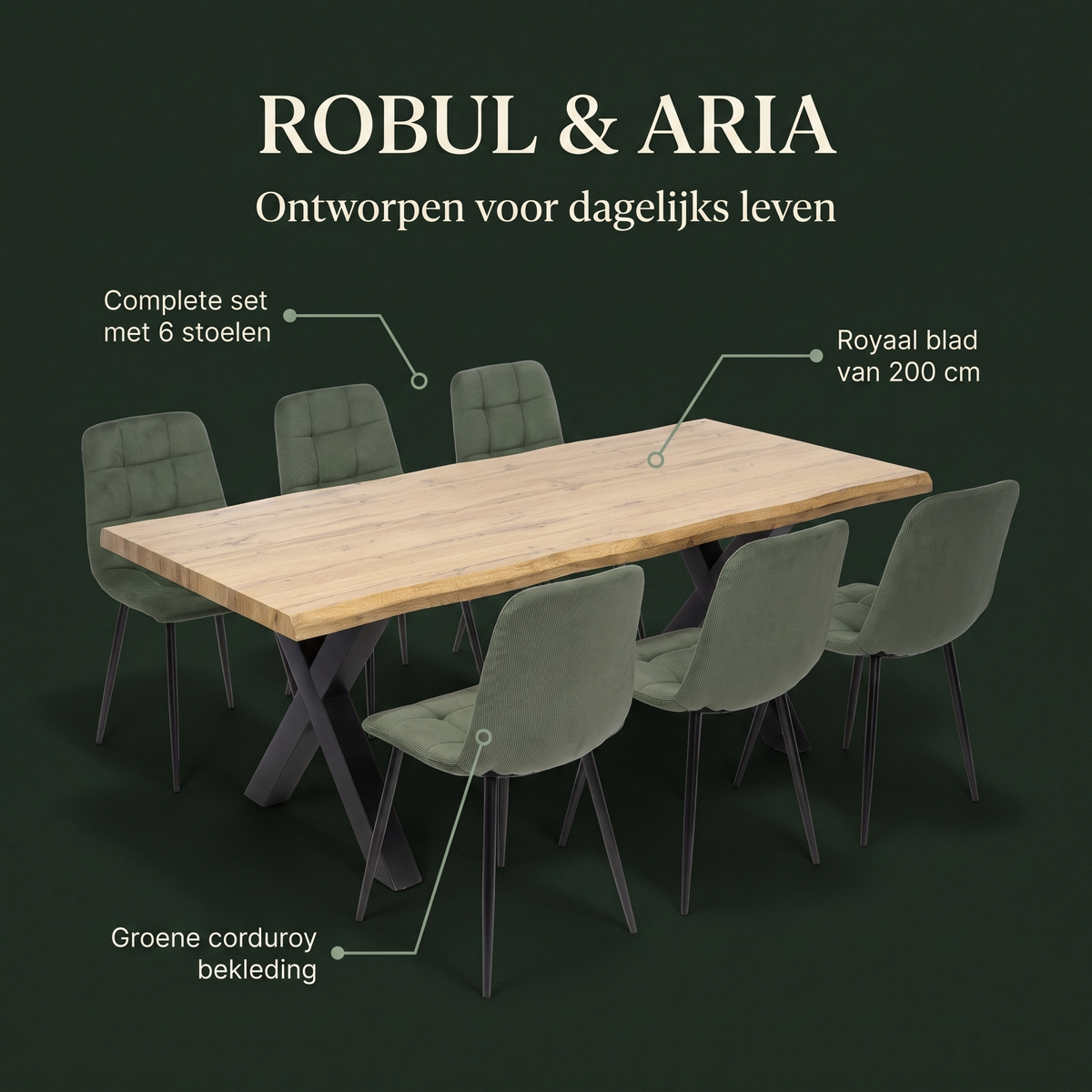 Robul Eettafelset met 6 Aria Stoelen - Groen / Licht hout – ontwerp en materialen