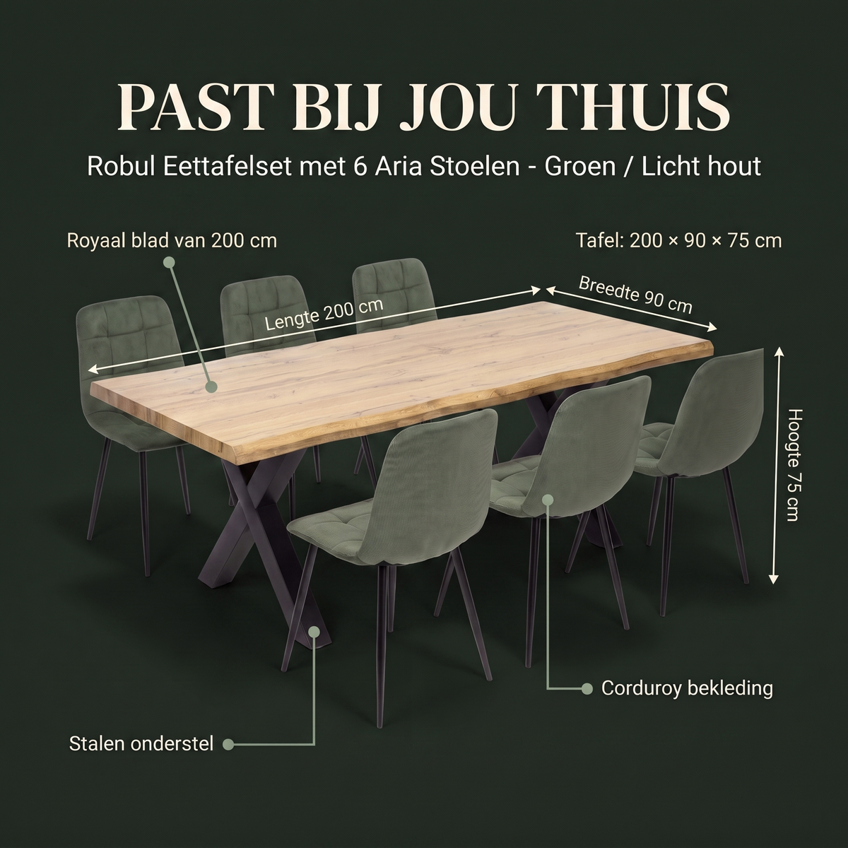 Robul Eettafelset met 6 Aria Stoelen - Groen / Licht hout – afmetingen