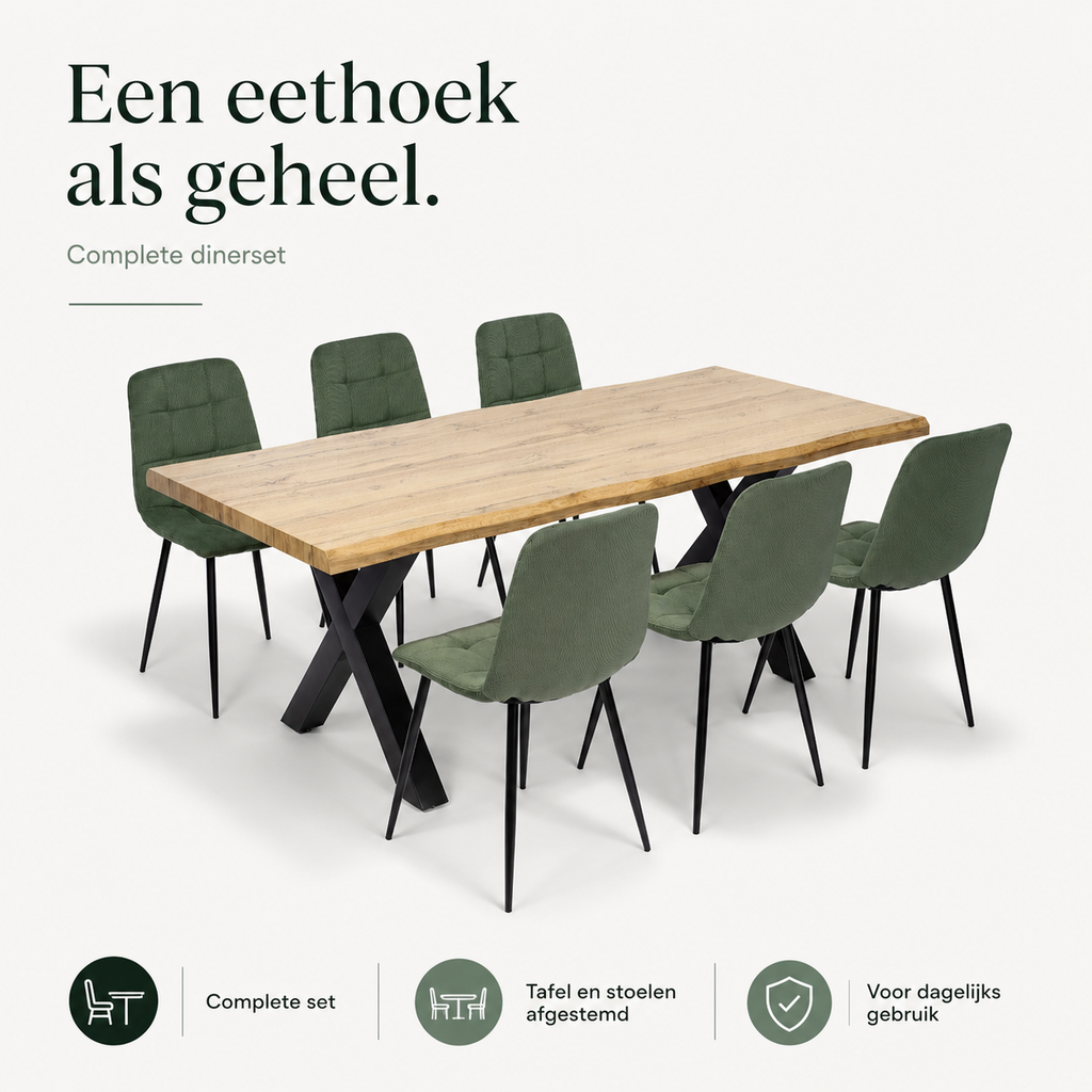 Robul Eettafelset met 6 Aria Stoelen - Groen / Licht hout infographic