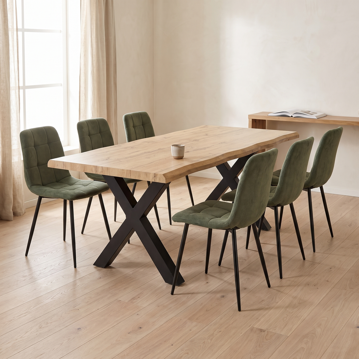 Robul Eettafelset met 6 Aria Stoelen - Groen / Licht hout – fotorealistisch interieur 1