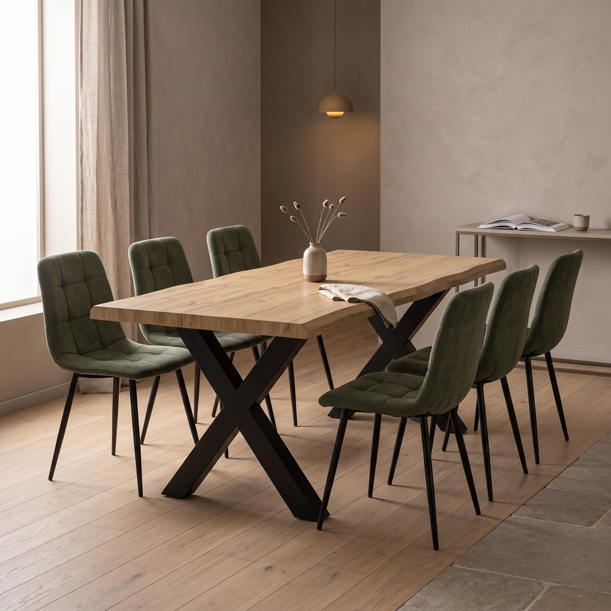 Robul Eettafelset met 6 Aria Stoelen - Groen / Licht hout – fotorealistisch interieur 2