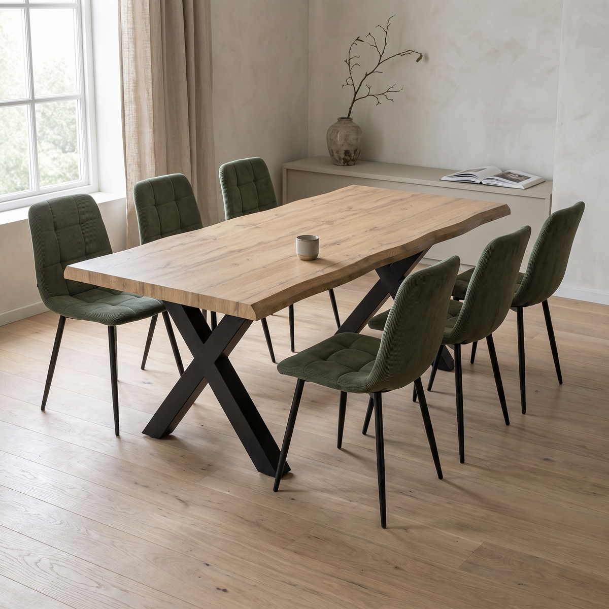 Robul Eettafelset met 6 Aria Stoelen - Groen / Licht hout – fotorealistisch interieur 3