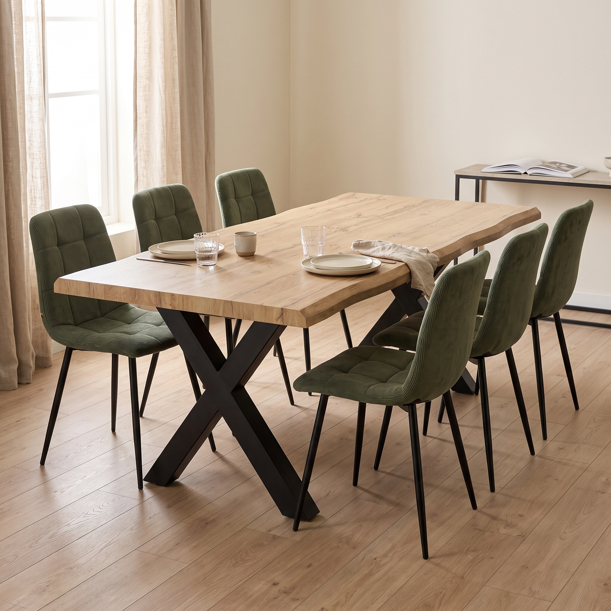 Robul Eettafelset met 6 Aria Stoelen - Groen / Licht hout – fotorealistisch interieur 4