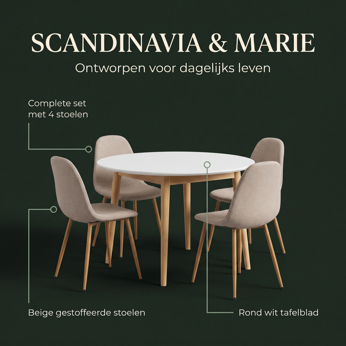 Scandinavia Eettafelset met 4 Marie Stoelen – ontwerp en materialen