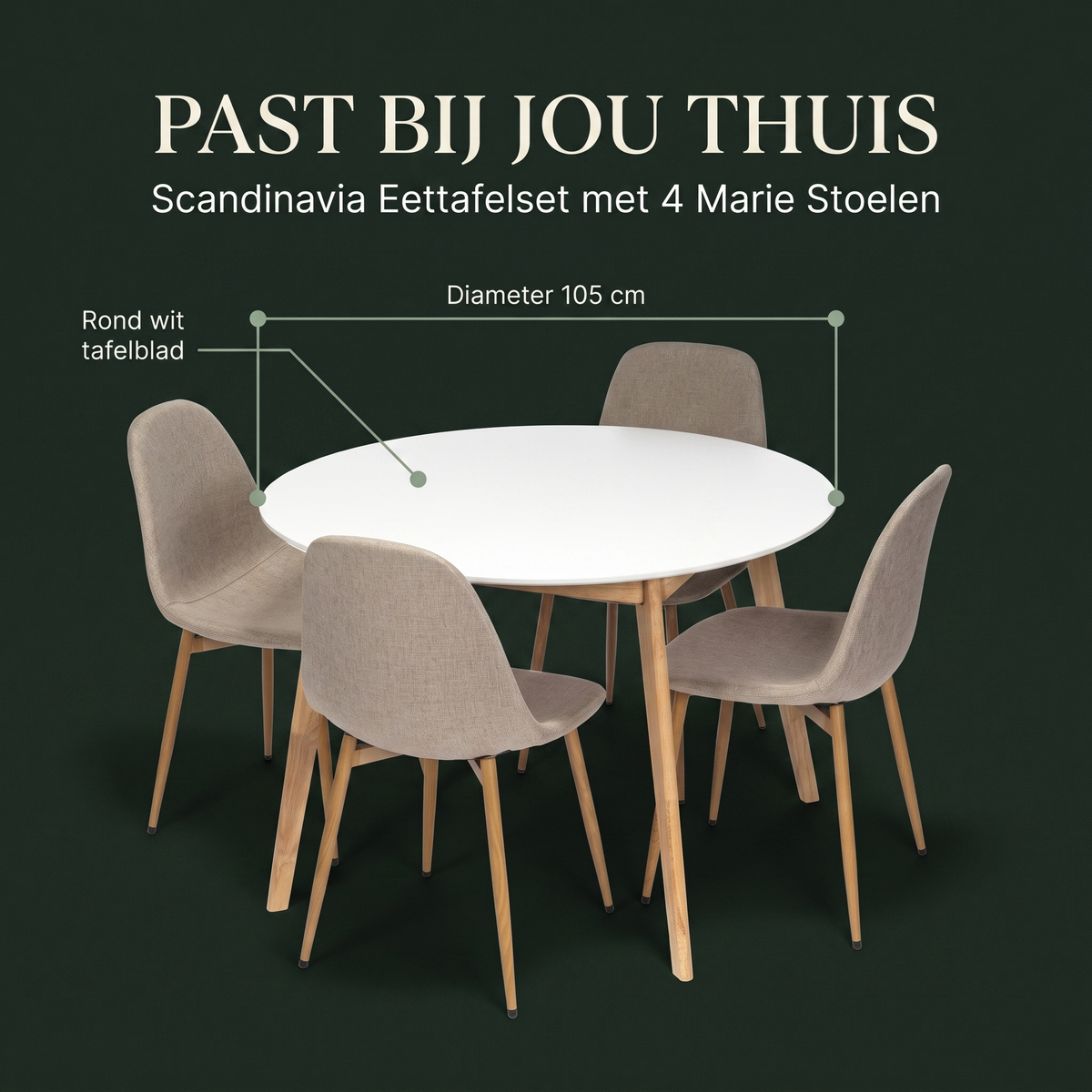 Scandinavia Eettafelset met 4 Marie Stoelen – afmetingen
