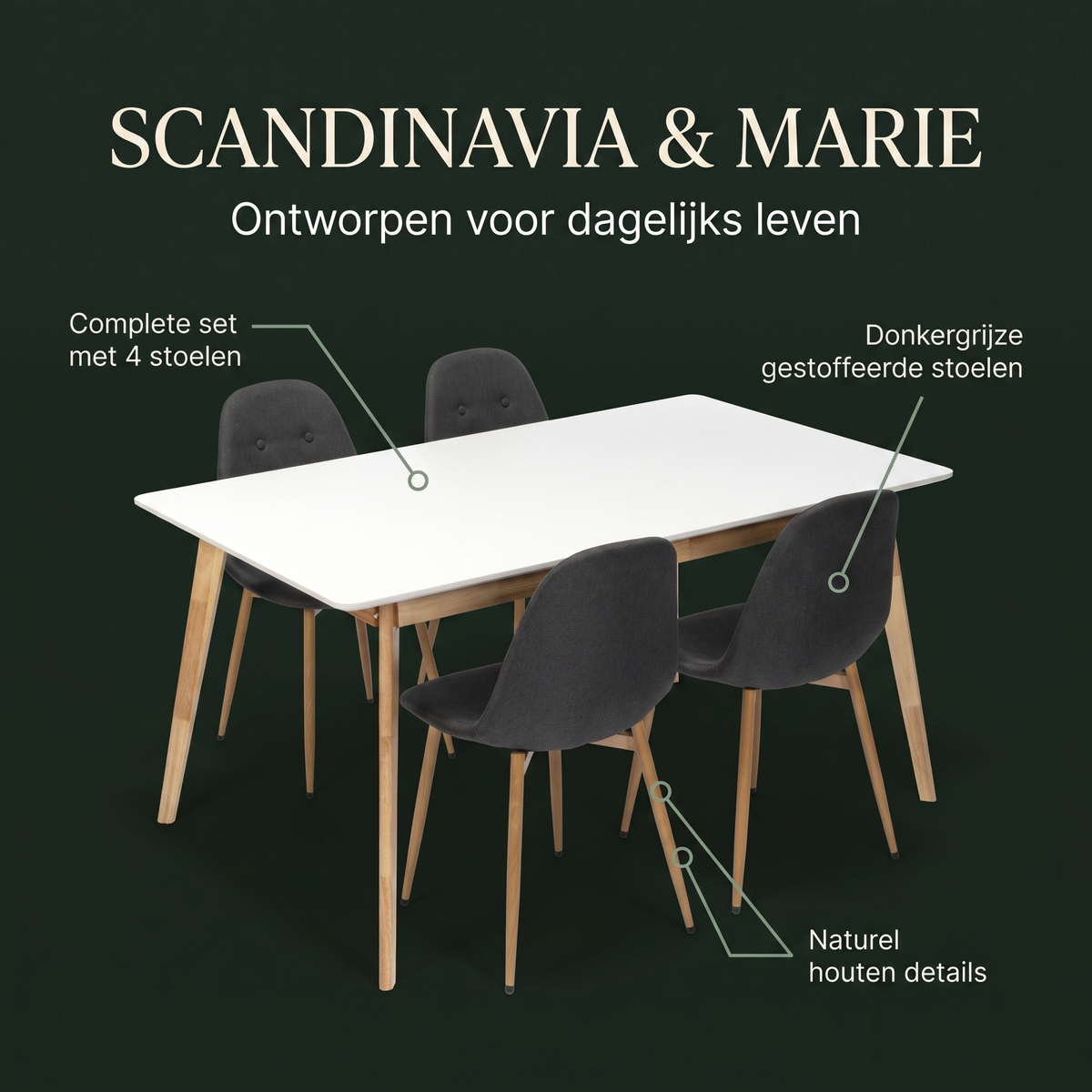 Scandinavia Eettafelset met 4 Marie Stoelen - Wit / Donkergrijs – ontwerp en materialen