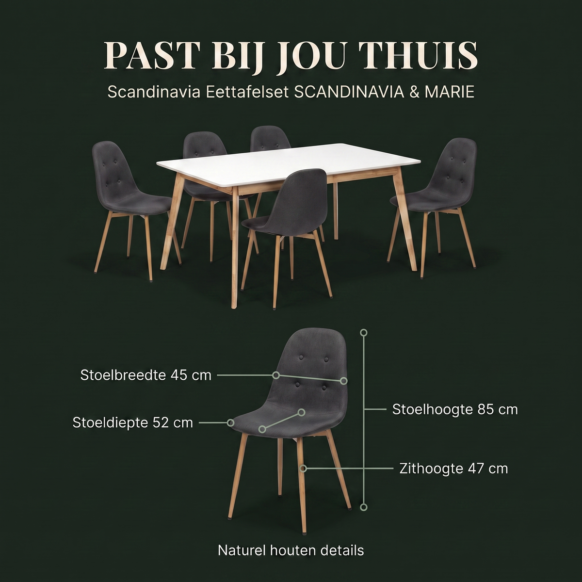 Scandinavia Eettafelset met 4 Marie Stoelen - Wit / Donkergrijs – afmetingen