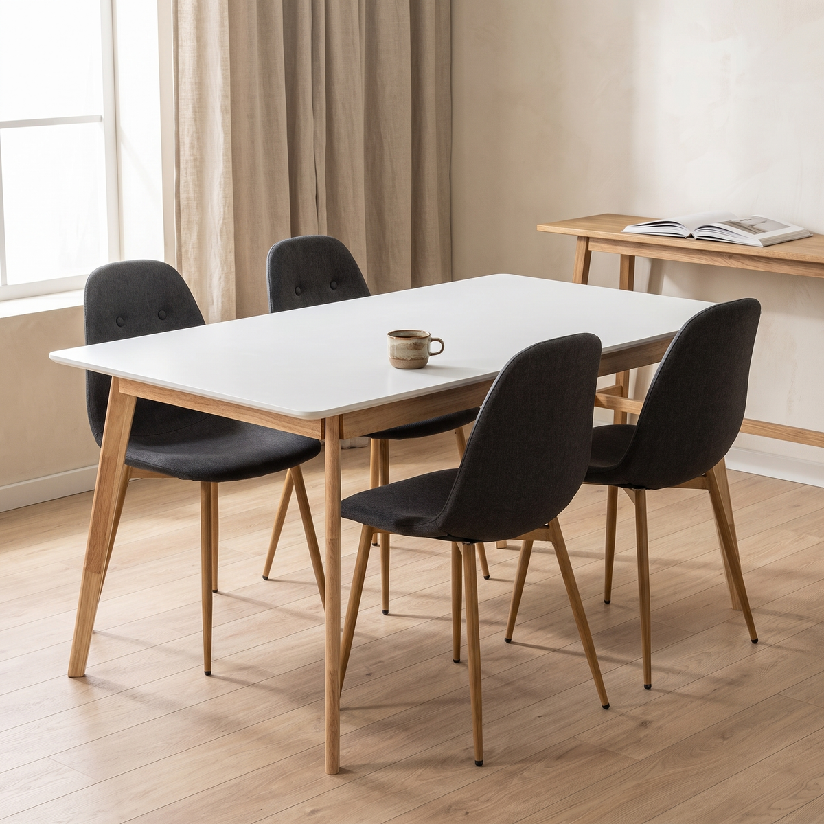 Scandinavia Eettafelset met 4 Marie Stoelen - Wit / Donkergrijs – fotorealistisch interieur 1