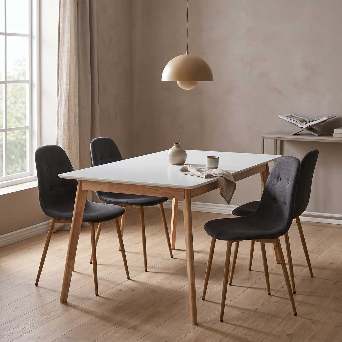 Scandinavia Eettafelset met 4 Marie Stoelen - Wit / Donkergrijs – fotorealistisch interieur 2