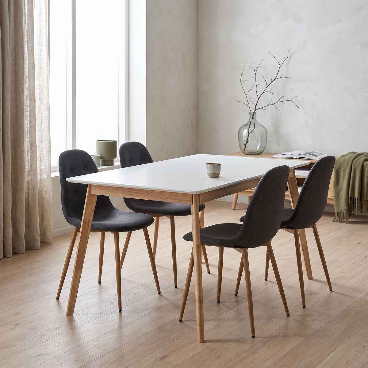 Scandinavia Eettafelset met 4 Marie Stoelen - Wit / Donkergrijs – fotorealistisch interieur 3
