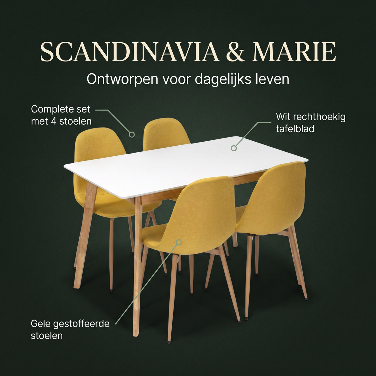 Scandinavia Eettafelset met 4 Marie Stoelen - Wit / Geel – ontwerp en materialen