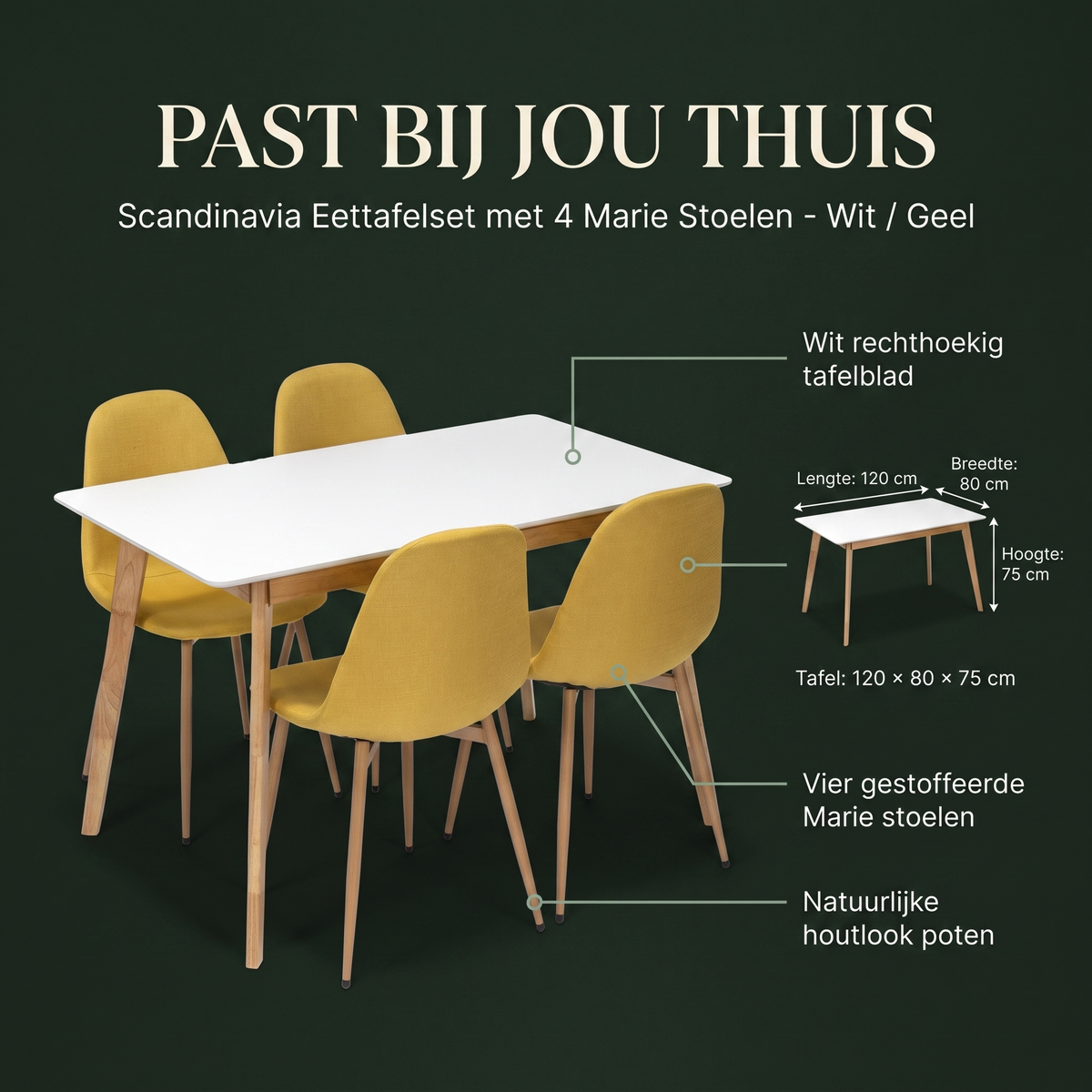 Scandinavia Eettafelset met 4 Marie Stoelen - Wit / Geel – afmetingen