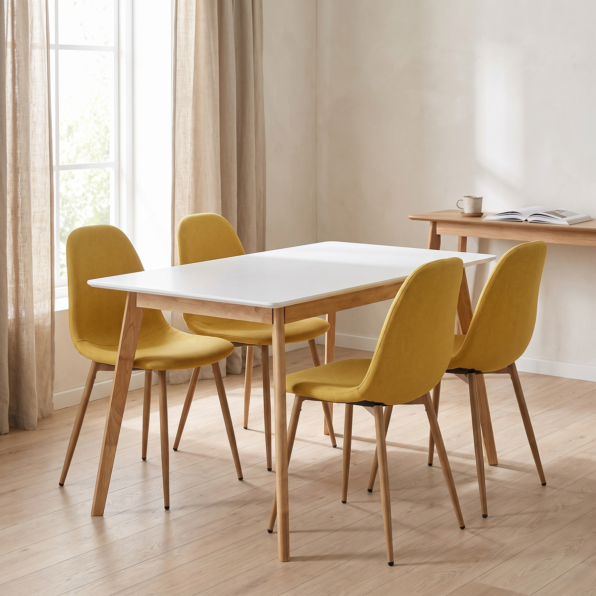 Scandinavia Eettafelset met 4 Marie Stoelen - Wit / Geel – fotorealistisch interieur 1