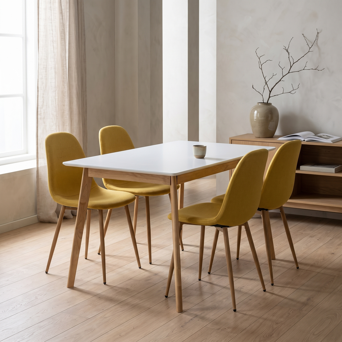 Scandinavia Eettafelset met 4 Marie Stoelen - Wit / Geel – fotorealistisch interieur 3
