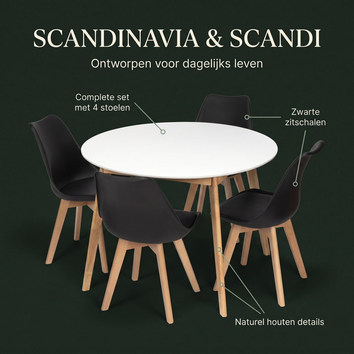 Scandinavia Eettafelset met 4 Scandi Stoelen – ontwerp en materialen