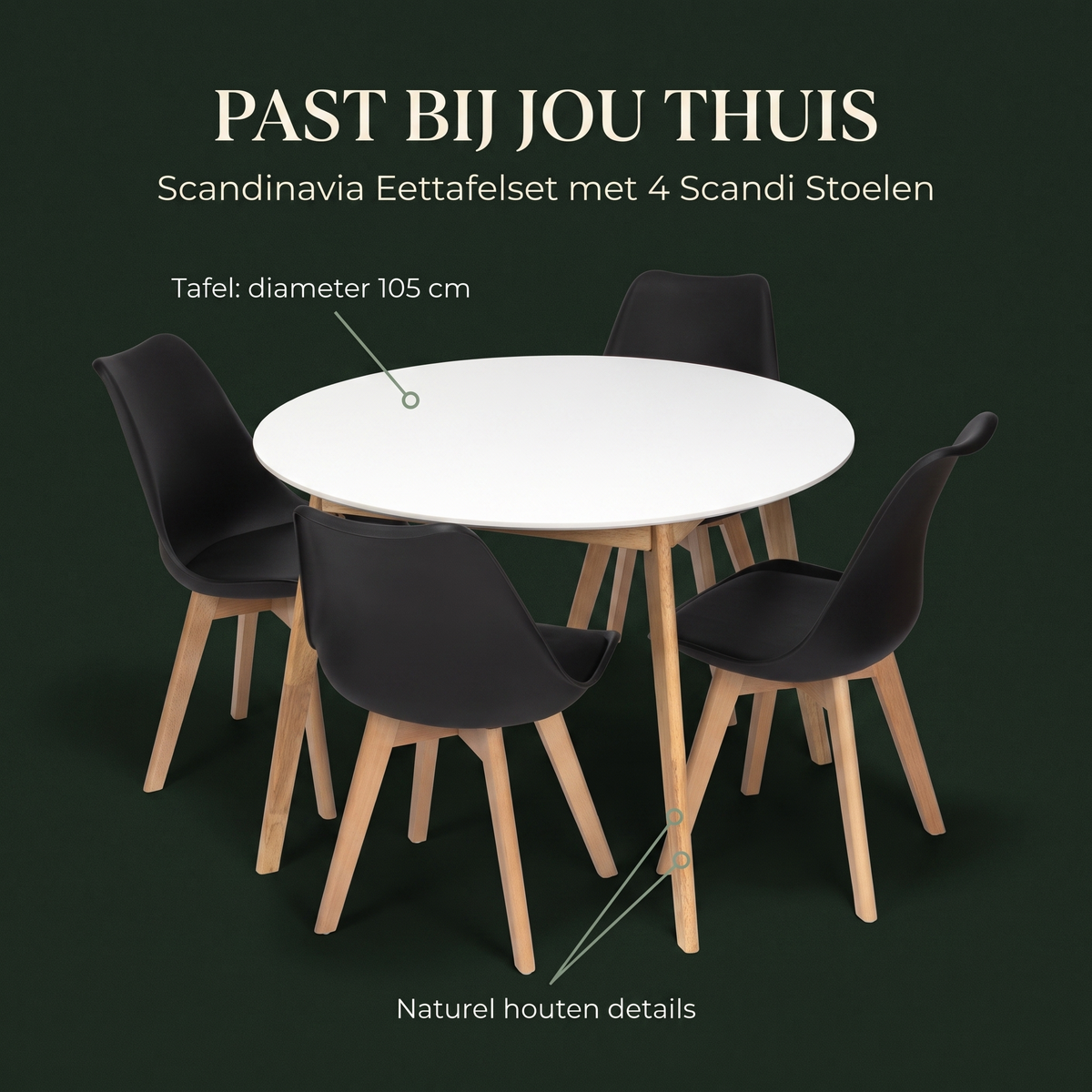 Scandinavia Eettafelset met 4 Scandi Stoelen – afmetingen