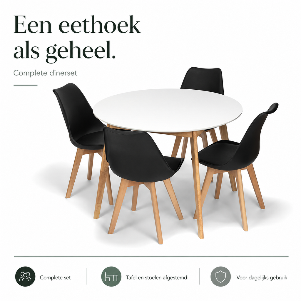 Scandinavia Eettafelset met 4 Scandi Stoelen infographic