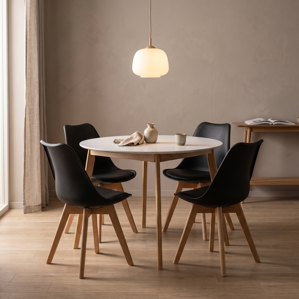 Scandinavia Eettafelset met 4 Scandi Stoelen – fotorealistisch interieur 2
