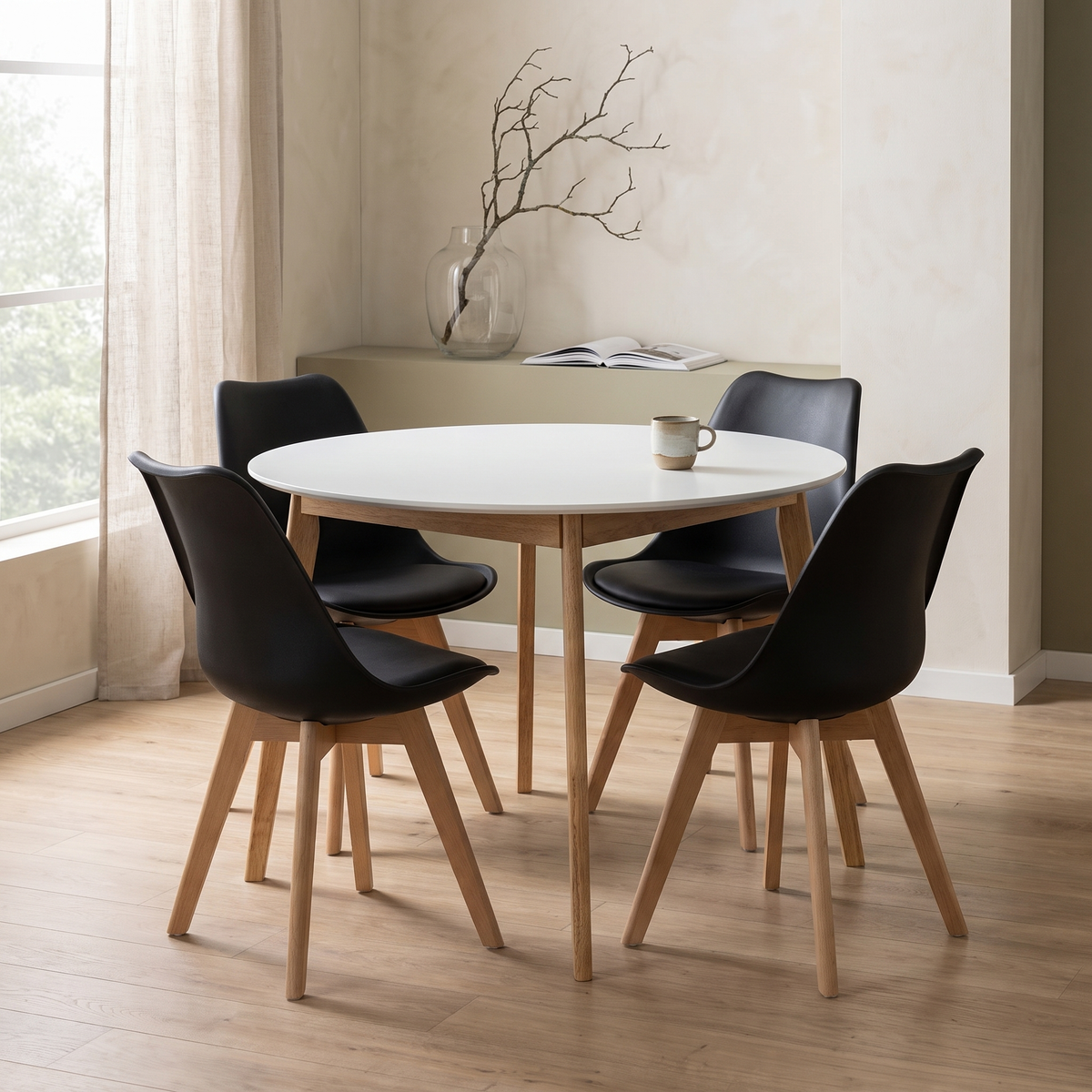 Scandinavia Eettafelset met 4 Scandi Stoelen – fotorealistisch interieur 3