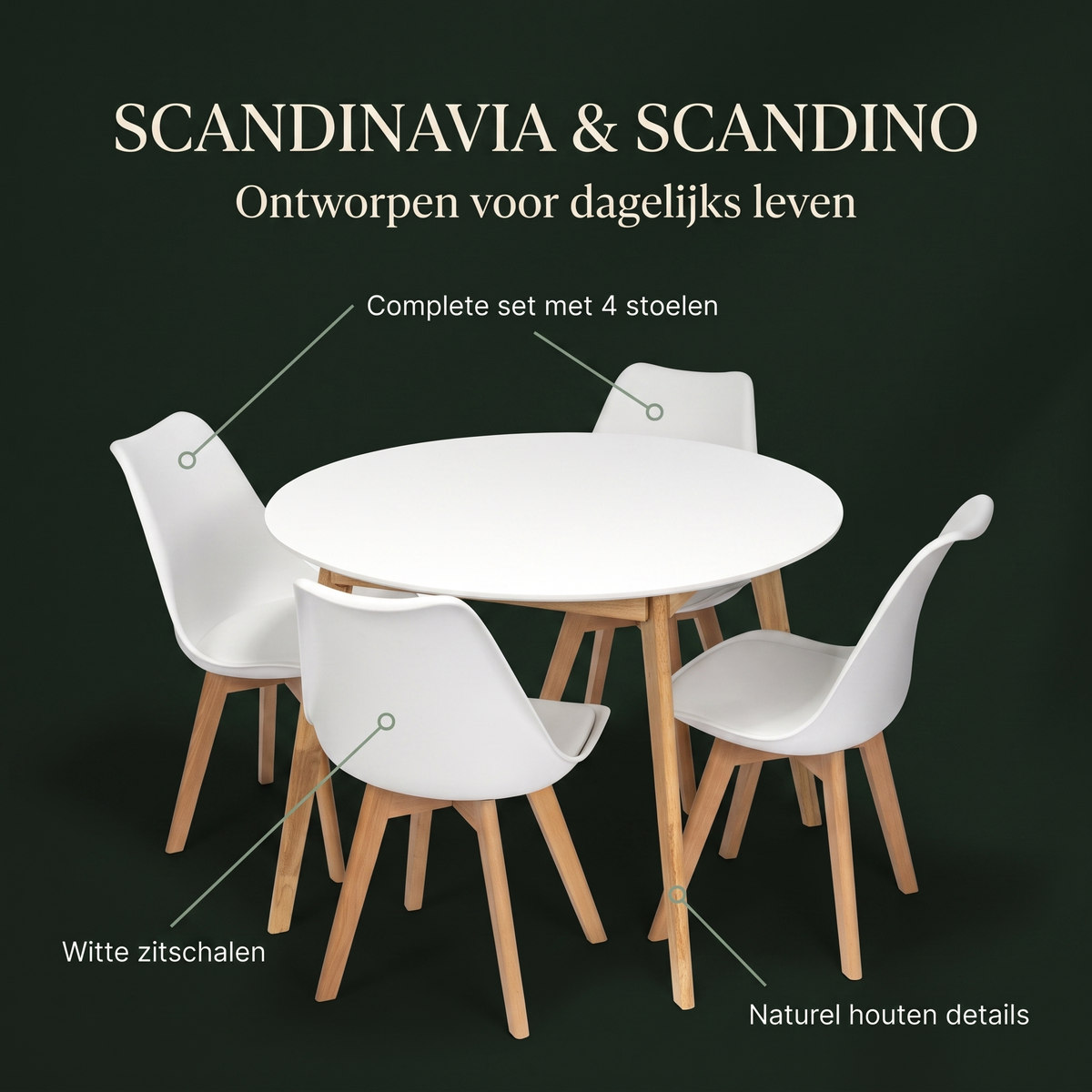 Scandinavia Eettafelset met 4 Scandino Stoelen - Wit – ontwerp en materialen