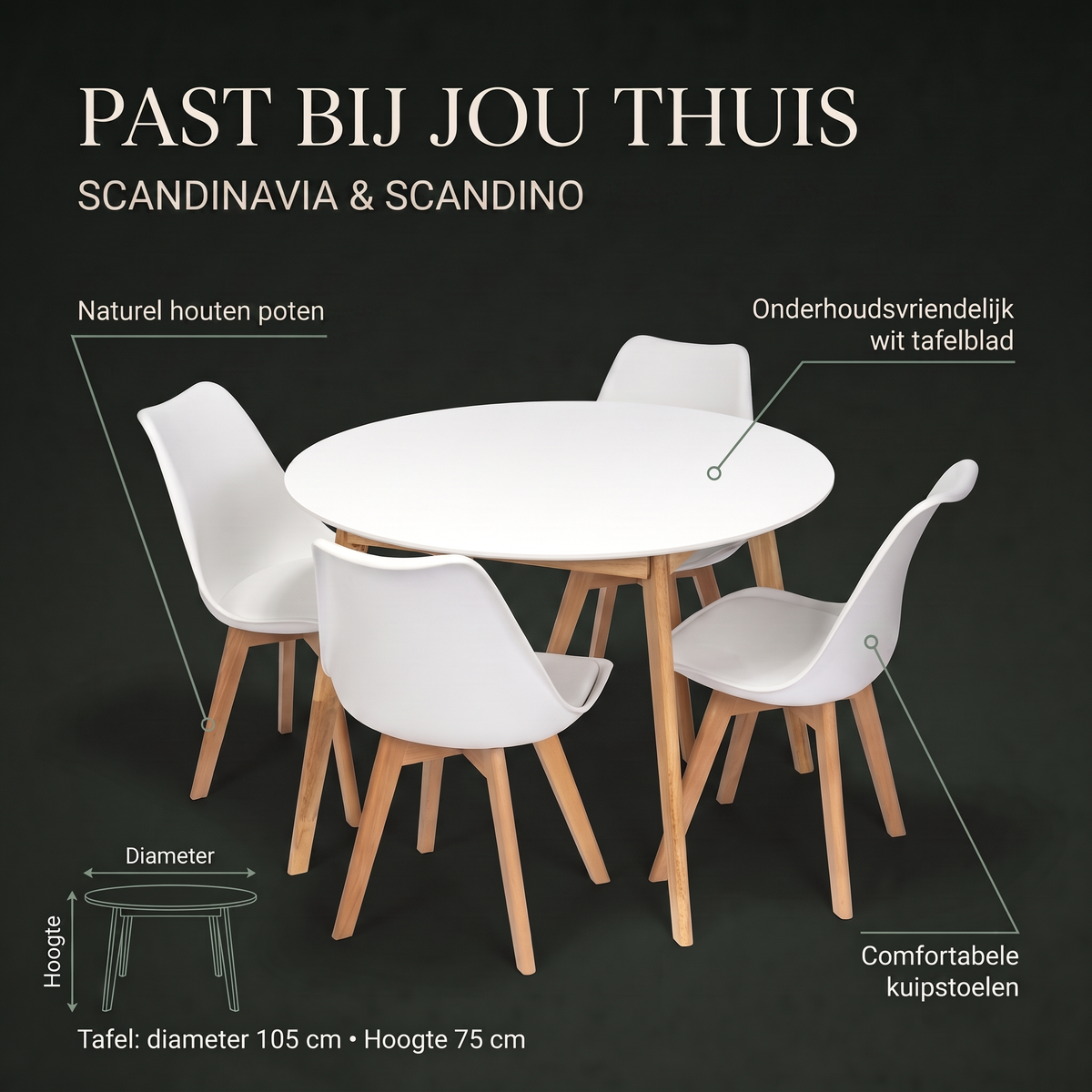 Scandinavia Eettafelset met 4 Scandino Stoelen - Wit – afmetingen