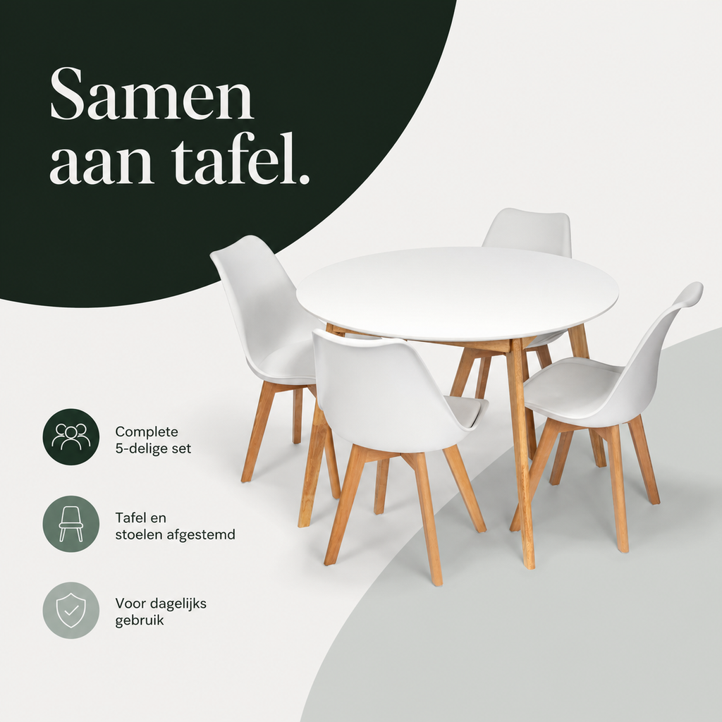 Scandinavia Eettafelset met 4 Scandino Stoelen - Wit infographic