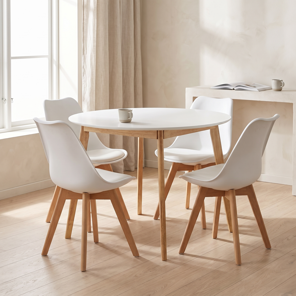 Scandinavia Eettafelset met 4 Scandino Stoelen - Wit – fotorealistisch interieur 1