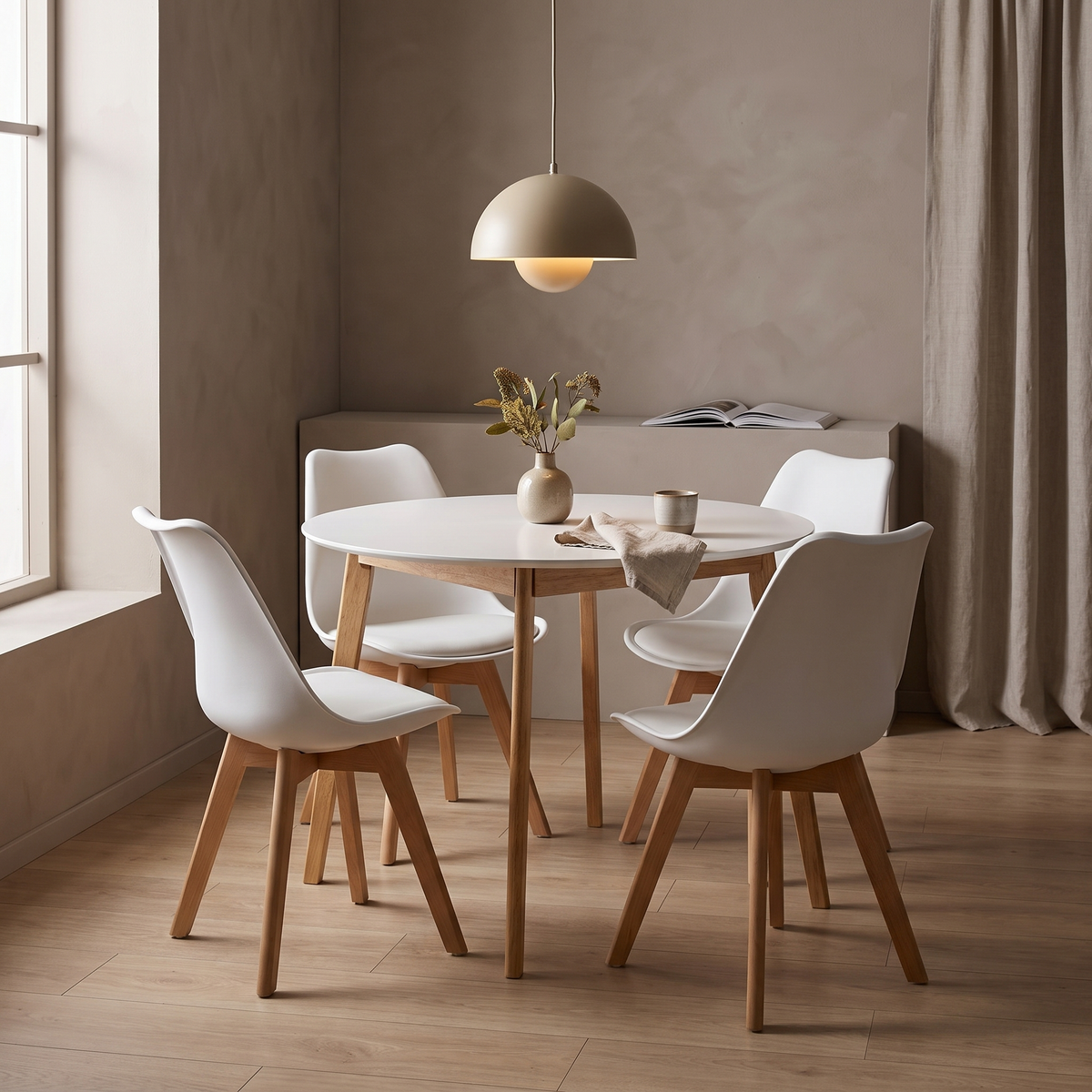 Scandinavia Eettafelset met 4 Scandino Stoelen - Wit – fotorealistisch interieur 2