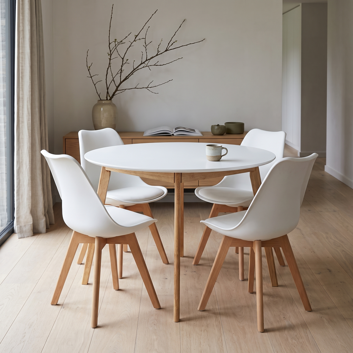 Scandinavia Eettafelset met 4 Scandino Stoelen - Wit – fotorealistisch interieur 3