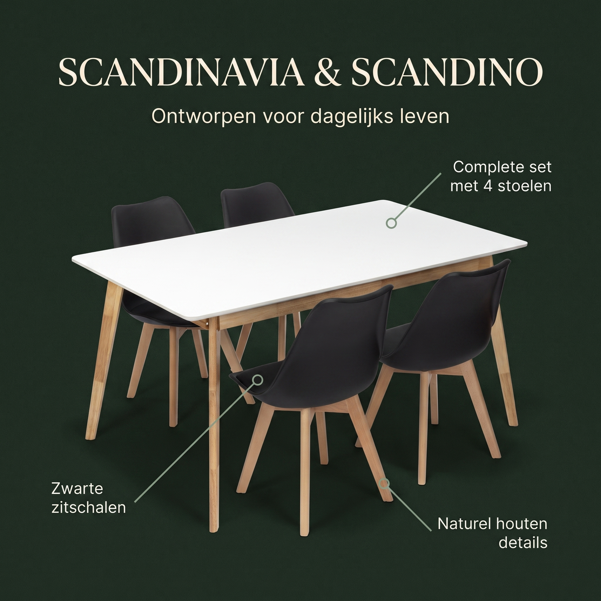 Scandinavia Eettafelset met 4 Scandino Stoelen - Zwart / Wit / Licht hout – ontwerp en materialen